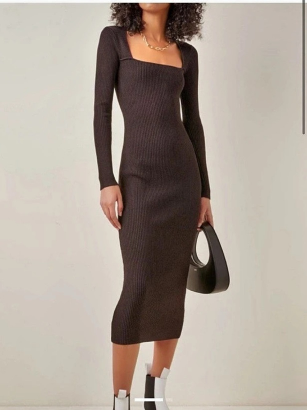GANNI Ribbed-Knit Midi Dress in Dark Brown Size Small